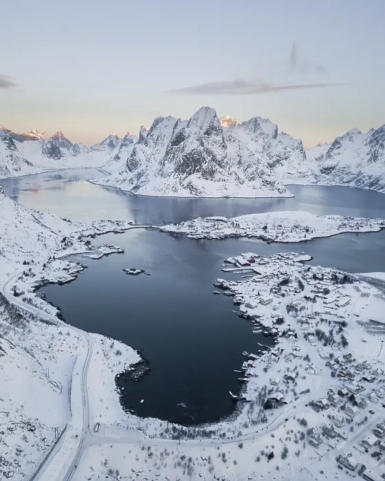 Framed Print : Aerial view, Reinefjord with snowy mountains Framed Print : Aerial view, Reinefjord with snowy mountains