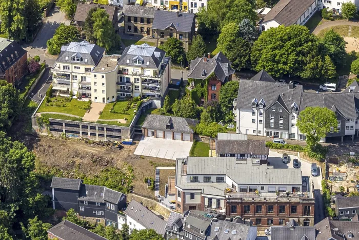 Framed Print : Aerial view, residential area and construction site BenderstraBe corner WiemerstraBe