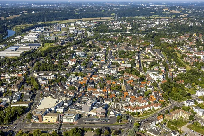 Framed Print : Aerial view, residential area housing estate town view with historic old town and St Framed Print : Aerial view, residential area housing estate town view with historic old town and St