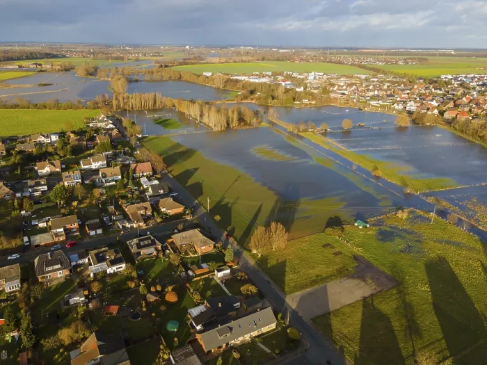 Framed Print : Aerial view of residential area next to lakes due to flooding Framed Print : Aerial view of residential area next to lakes due to flooding