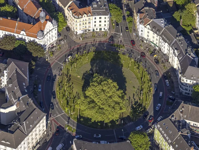Framed Print : Aerial view, residential area and roundabout Borsigplatz with trees