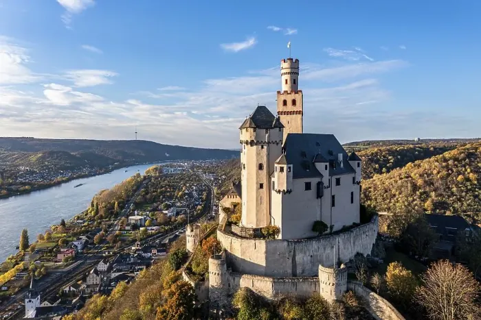 Framed Print : Aerial view of the Rhine Valley with the Marksburg Castle Framed Print : Aerial view of the Rhine Valley with the Marksburg Castle