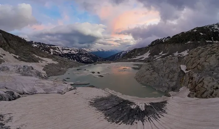 Framed Print : Aerial view over the Rhone glacier with the glacial lake