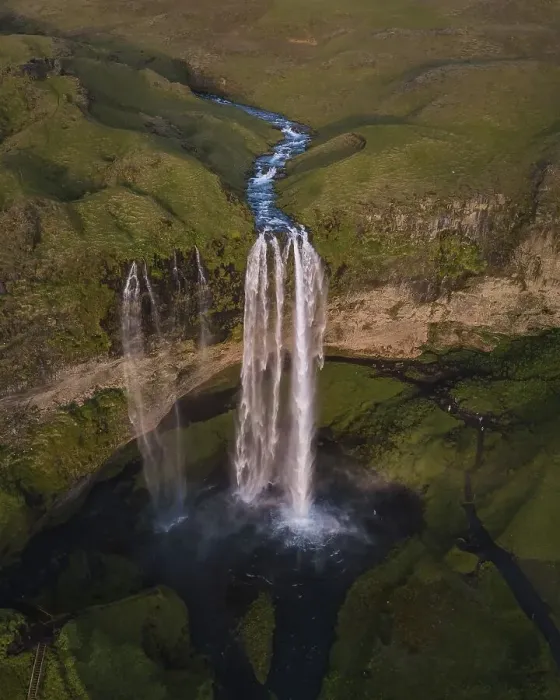 Framed Print : Aerial view, river course with Seljalandsfoss waterfall
