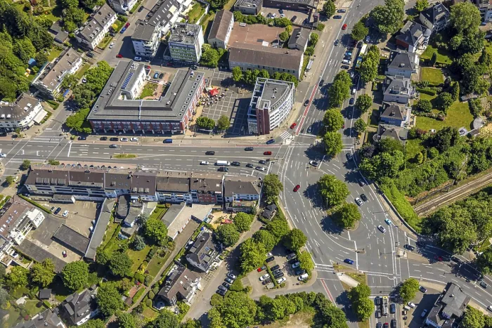 Framed Print : Aerial view, roundabout Stadtwaldplatz