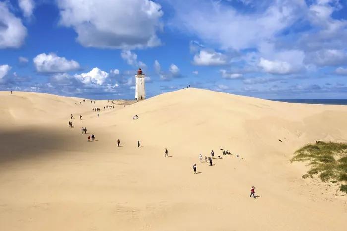 Framed Print : Aerial view of Rubjerg Knude lighthouse in a large sand dune
