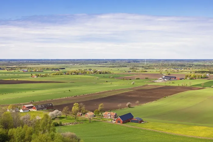 Framed Print : Aerial view of a rural landscape view with green fields