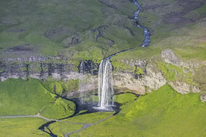 Framed Print : Aerial view over Seljalandsfoss waterfall and the Seljalands River in summer Framed Print : Aerial view over Seljalandsfoss waterfall and the Seljalands River in summer