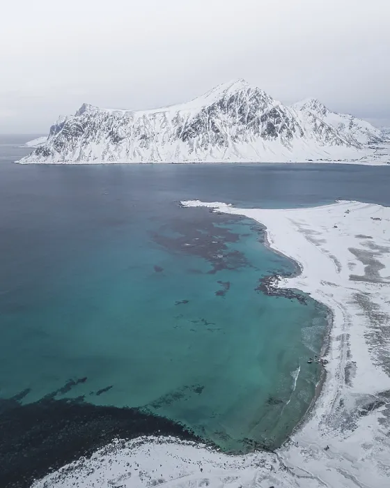 Framed Print : Aerial view, snowy beach, coast, Flakstad, Norway