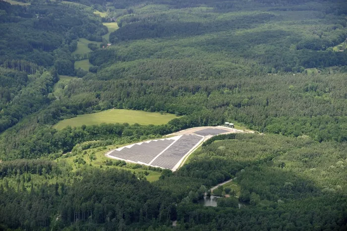 Framed Print : Aerial view, solar energy plant in the forest south of Stuttgart