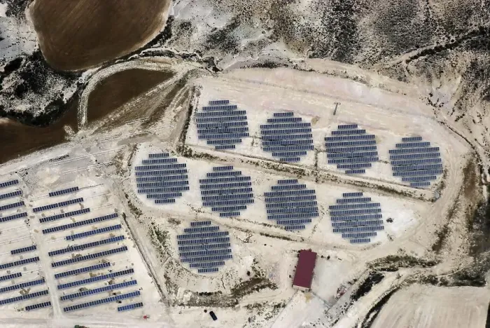 Framed Print : Aerial view of a solar farm in the form of a solar cell