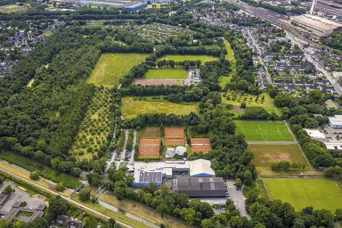 Framed Print : Aerial view, sports centre XXL and sports fields Am Forkelsgraben
