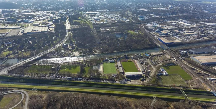 Framed Print : Aerial view, sports field Rot-WeiB Oberhausen at the river Emscher and Rhine-Herne-Canal as well as Kaisergarten