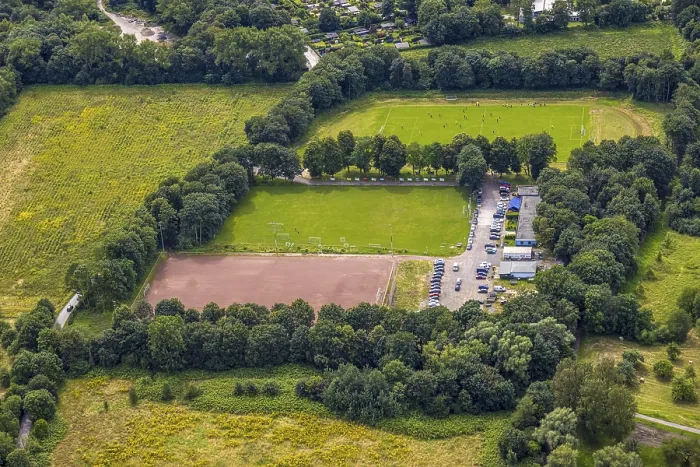 Framed Print : Aerial view, sports fields Am Forkelsgraben Framed Print : Aerial view, sports fields Am Forkelsgraben