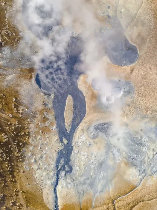Framed Print : Aerial view, steaming river and fumaroles