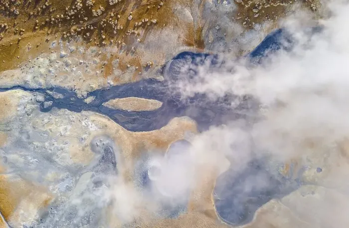 Framed Print : Aerial view, steaming river, geothermal area Hveraroend