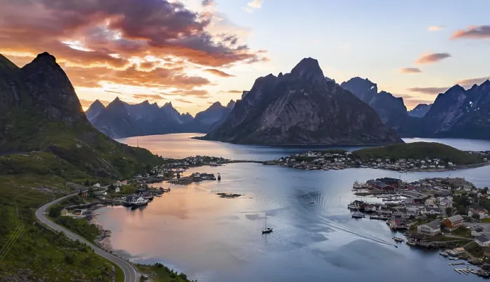 Framed Print : Aerial view, sunset at Reinefjord with mountains