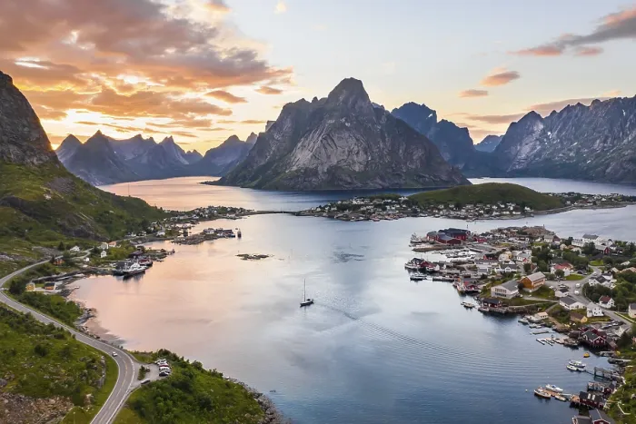 Framed Print : Aerial view, sunset at Reinefjord with mountains