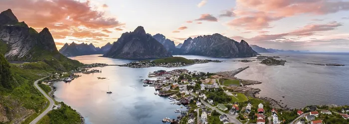 Framed Print : Aerial view, sunset at Reinefjord with mountains Framed Print : Aerial view, sunset at Reinefjord with mountains