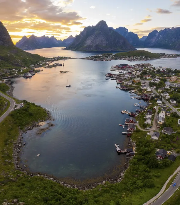 Framed Print : Aerial view, sunset at Reinefjord with mountains