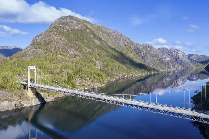 Framed Print : Aerial view, suspension bridge over the Erfjord