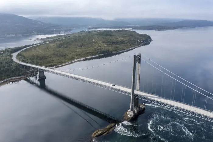 Framed Print : Aerial view of suspension bridge over fjord Efjord