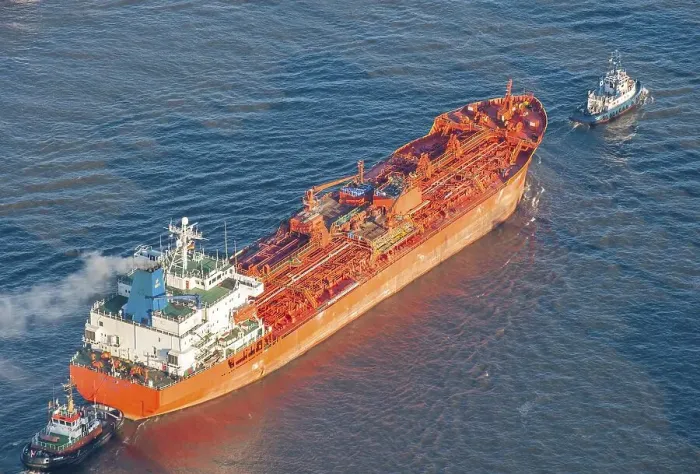 Framed Print : Aerial view of a tanker on the Elbe
