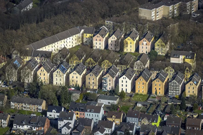Framed Print : Aerial view, terraced house housing estate multi-family houses at the corner of Neubreisacher StraBe