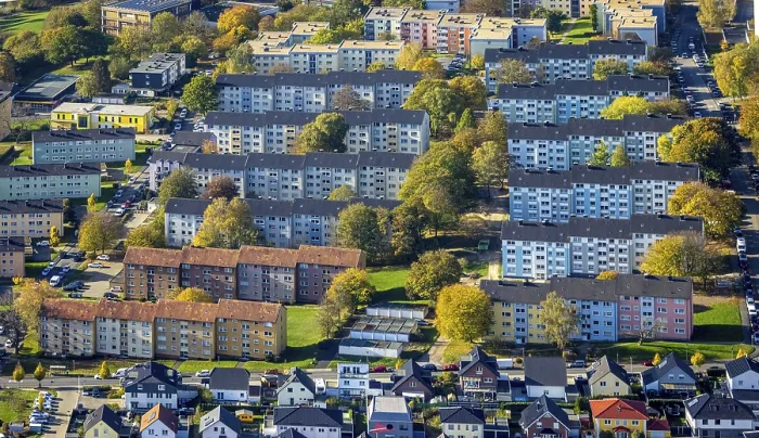 Framed Print : Aerial view, terraced houses, apartment buildings