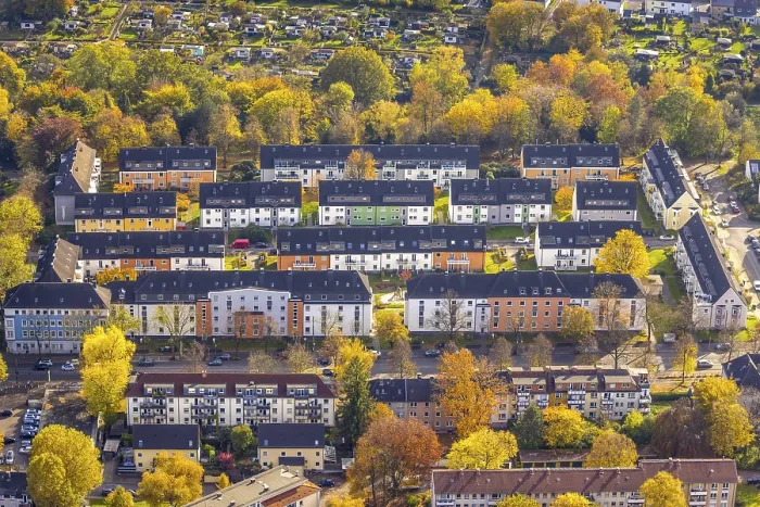 Framed Print : Aerial view, terraced houses, residential complex SchwindstraBe in the district Weitmar in Bochum