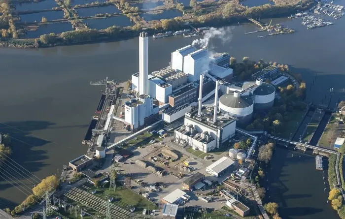 Framed Print : Aerial view of Tiefstack CHP plant with borehole for geothermal energy