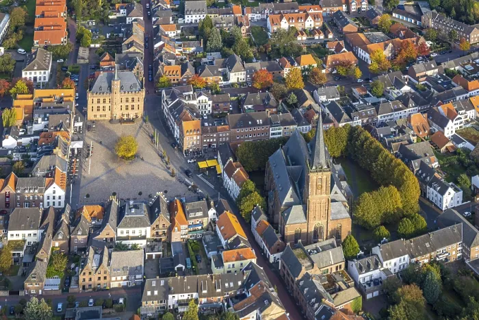 Framed Print : Aerial view, town centre with catholic church St