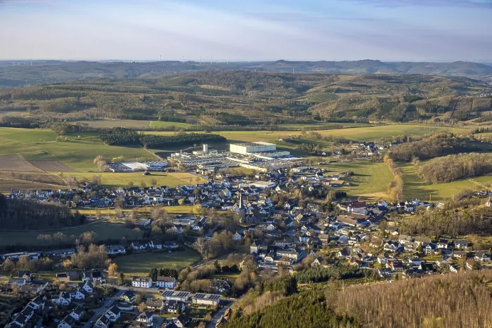 Framed Print : Aerial view, town centre Stockum (Sauerland) with catholic St
