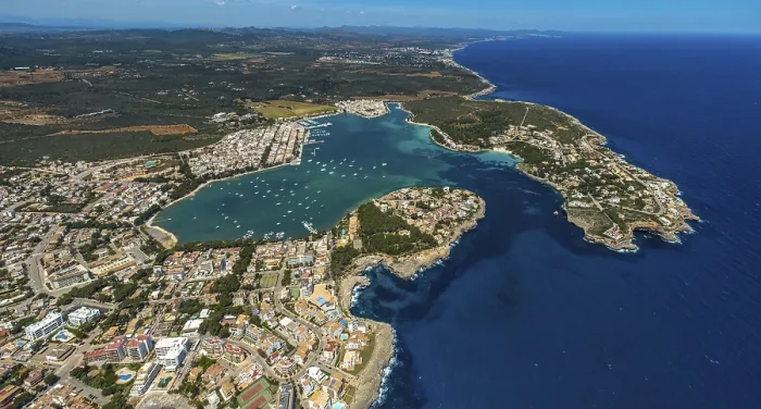 Framed Print : Aerial view, town view and marina of Portocolom