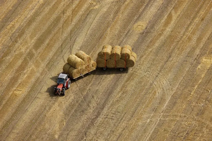 Framed Print : Aerial view, tractor, two trailers