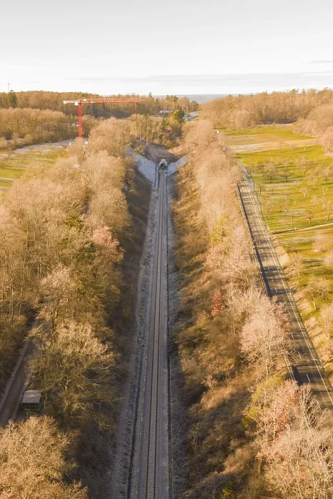 Framed Print : Aerial view of a train line through autumnal forests Framed Print : Aerial view of a train line through autumnal forests