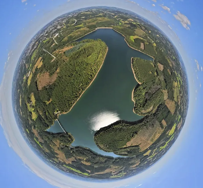 Framed Print : Aerial view, Verse dam, globe, fisheye image