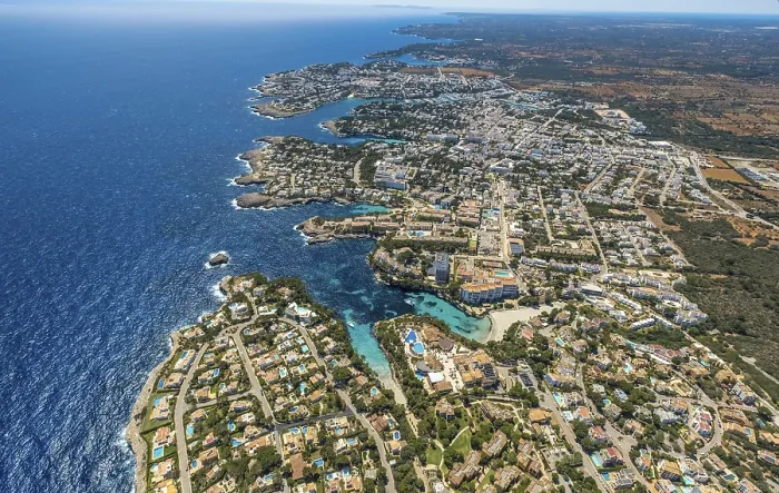 Framed Print : Aerial view, view of Cala d'Or with marina Framed Print : Aerial view, view of Cala d'Or with marina
