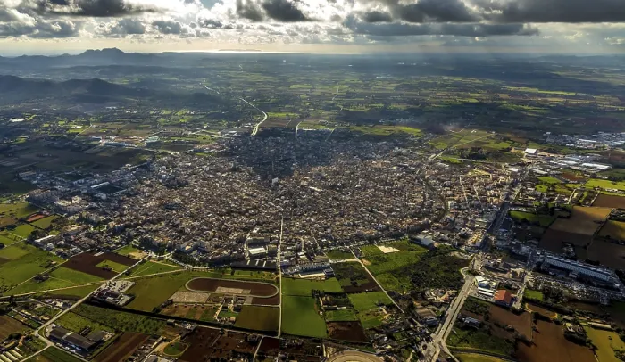 Framed Print : Aerial view, View of Manacor with meadows and fields Framed Print : Aerial view, View of Manacor with meadows and fields
