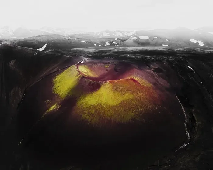 Framed Print : Aerial view, volcanic crater with colourful sulphur deposits
