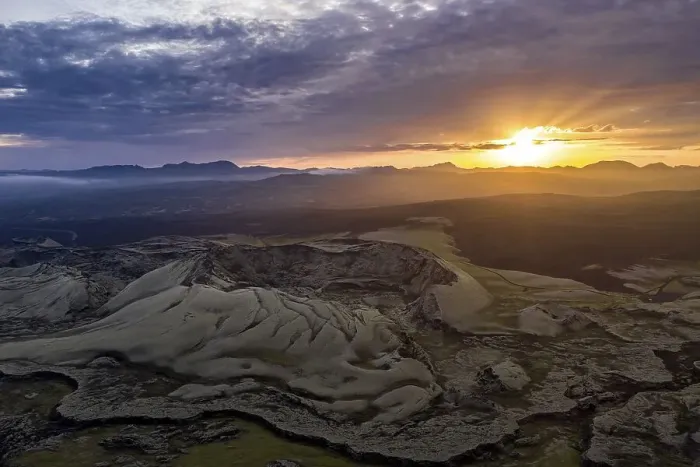 Framed Print : Aerial view, volcanic crater at sunset Framed Print : Aerial view, volcanic crater at sunset