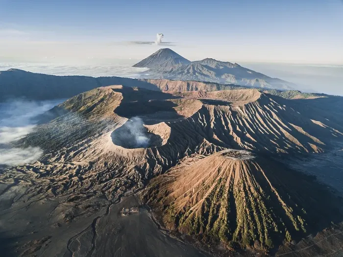 Framed Print : Aerial view, volcanic landscape with several volcanic craters and ash cloud
