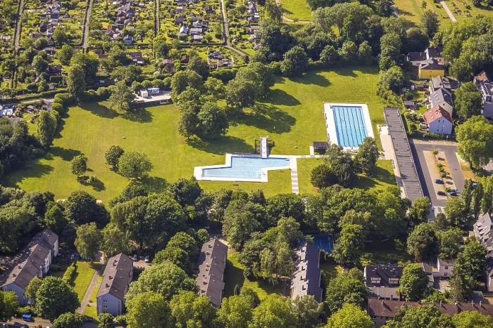 Framed Print : Aerial view, WasserWelten Bochum - outdoor swimming pool Werne with sunbathing lawn