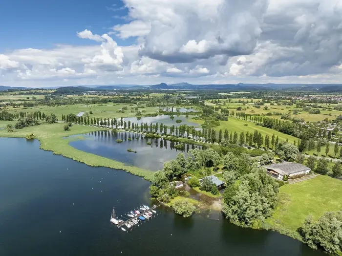 Framed Print : Aerial view of western Lake Constance with the Radolfzeller Aachried and the Mooser Damm at high water