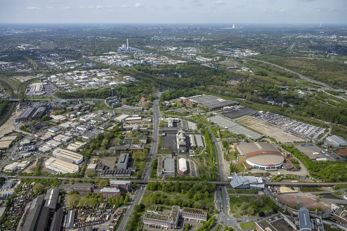 Framed Print : Aerial view, Westfield Centro shopping centre with Rudolf Weber Arena venue