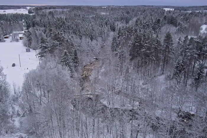 Framed Print : Aerial view of winter river landscape