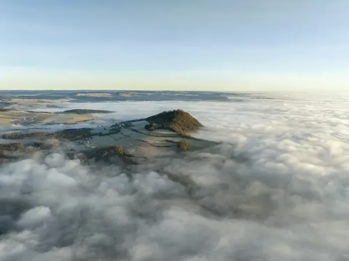 Framed Print : Aerial view of the wintry and fog-covered Hegaulandschaft shortly after sunrise Framed Print : Aerial view of the wintry and fog-covered Hegaulandschaft shortly after sunrise