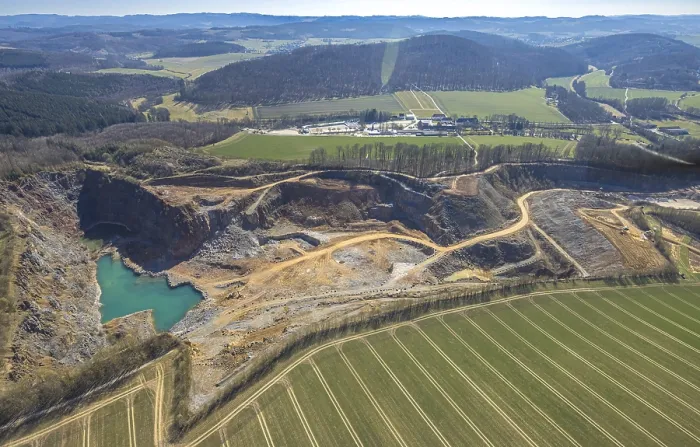 Framed Print : Aerial view, Wocklum quarry, surrounded by forest and fields Framed Print : Aerial view, Wocklum quarry, surrounded by forest and fields