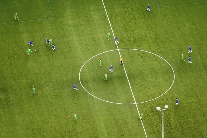 Framed Print : Aerial view, woman's football players on the field at the centre circle of Kampfbahn Gluckauf