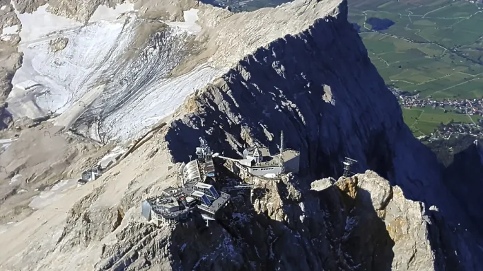 Framed Print : Aerial view of Zugspitze with snow and rocky terrain